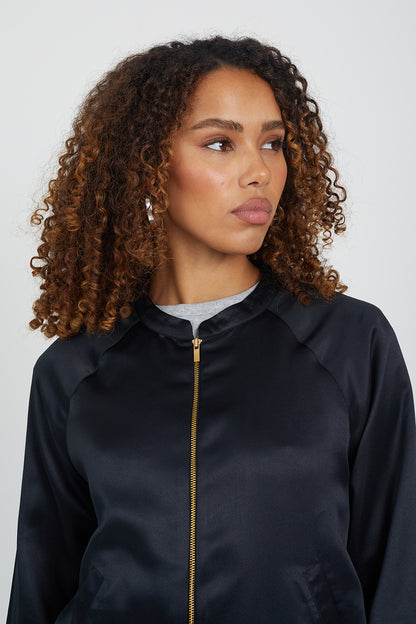 Brave Soul Black Satin Bomber Jacket - Black Image 4