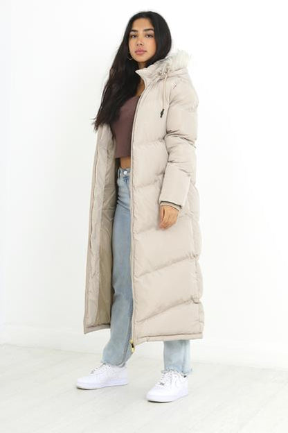 Brave Soul Stone Maxi Padded Hooded Jacket - Stone Image 1