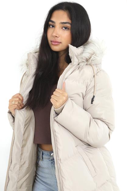 Brave Soul Stone Maxi Padded Hooded Jacket - Stone Image 3