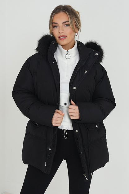 Brave Soul Black Mid Length Puffer Parka With Faux Fur Hood - Black Image 1