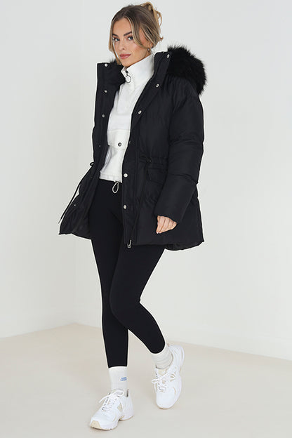 Brave Soul Black Mid Length Puffer Parka With Faux Fur Hood - Black Image 2