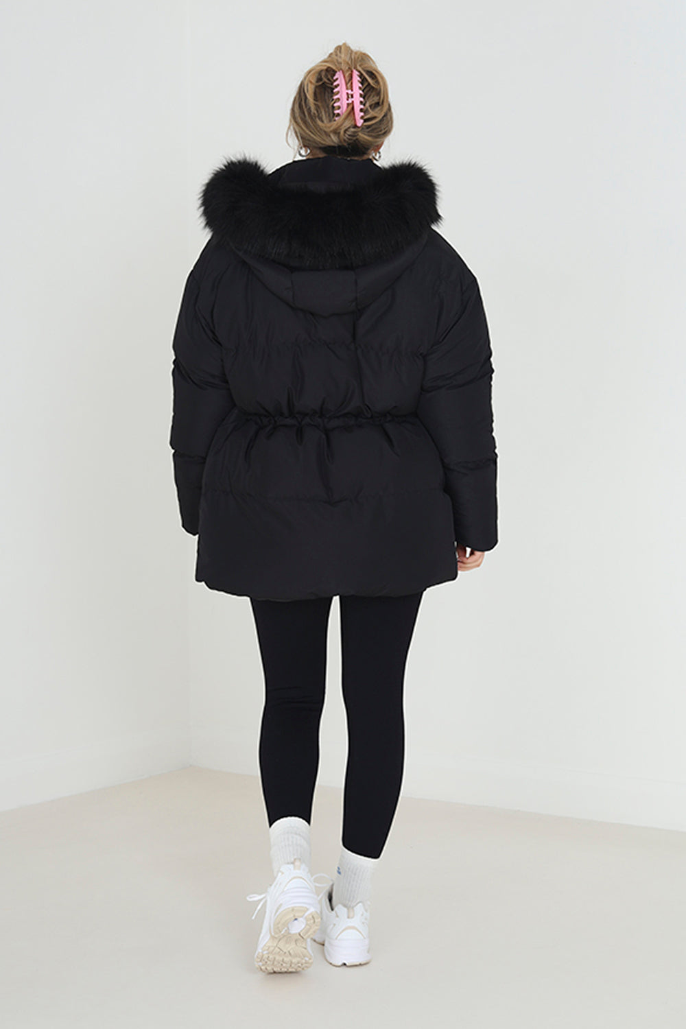 Brave Soul Black Mid Length Puffer Parka With Faux Fur Hood - Black Image 3