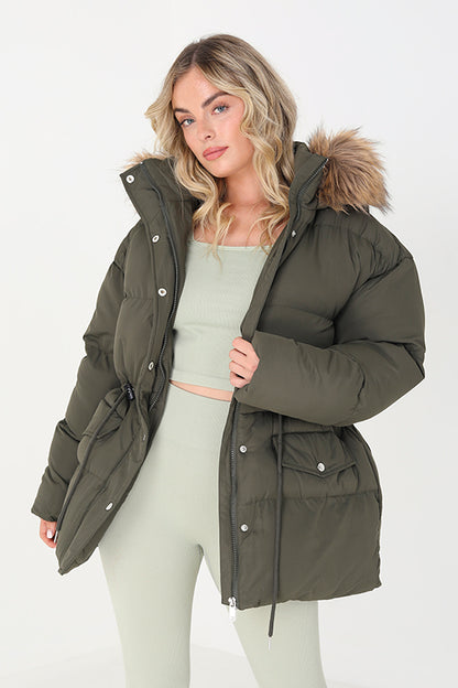 Brave Soul Khaki Mid Length Puffer Parka With Faux Fur Hood - Khaki Image 1