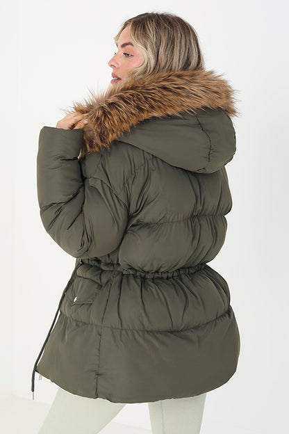 Brave Soul Khaki Mid Length Puffer Parka With Faux Fur Hood - Khaki Image 2