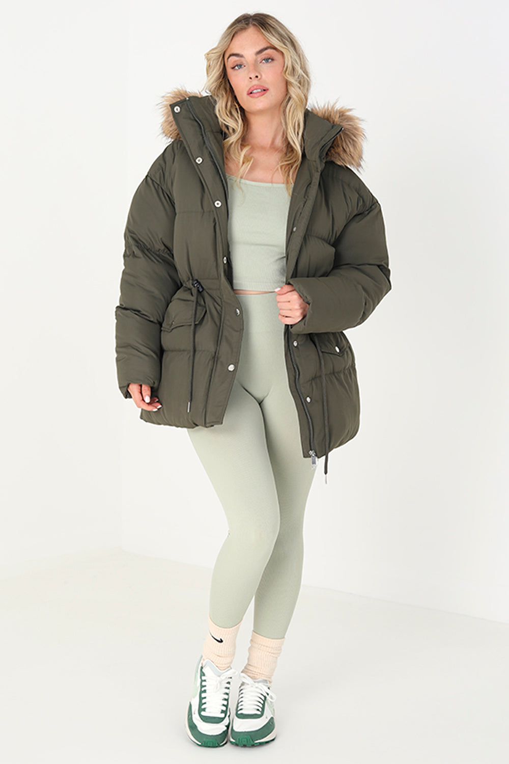 Brave Soul Khaki Mid Length Puffer Parka With Faux Fur Hood - Khaki Image 3