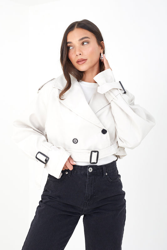 Brave Soul Light Stone Double Breasted Cropped Trench Coat - Light Stone Image 1