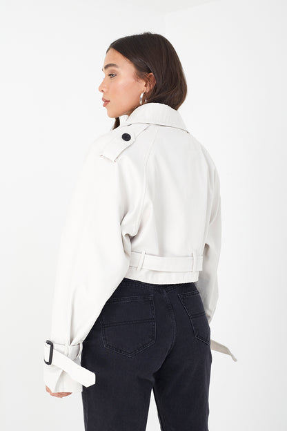 Brave Soul Light Stone Double Breasted Cropped Trench Coat - Light Stone Image 2