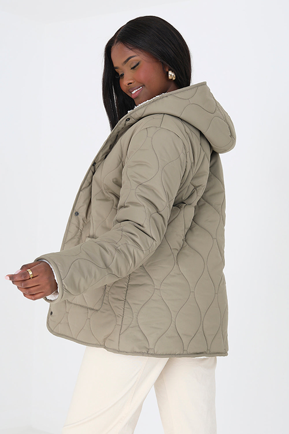 Brave Soul Light Khaki Short Reversible Hooded Onion Quilted Jacket - Light Khaki Image 2