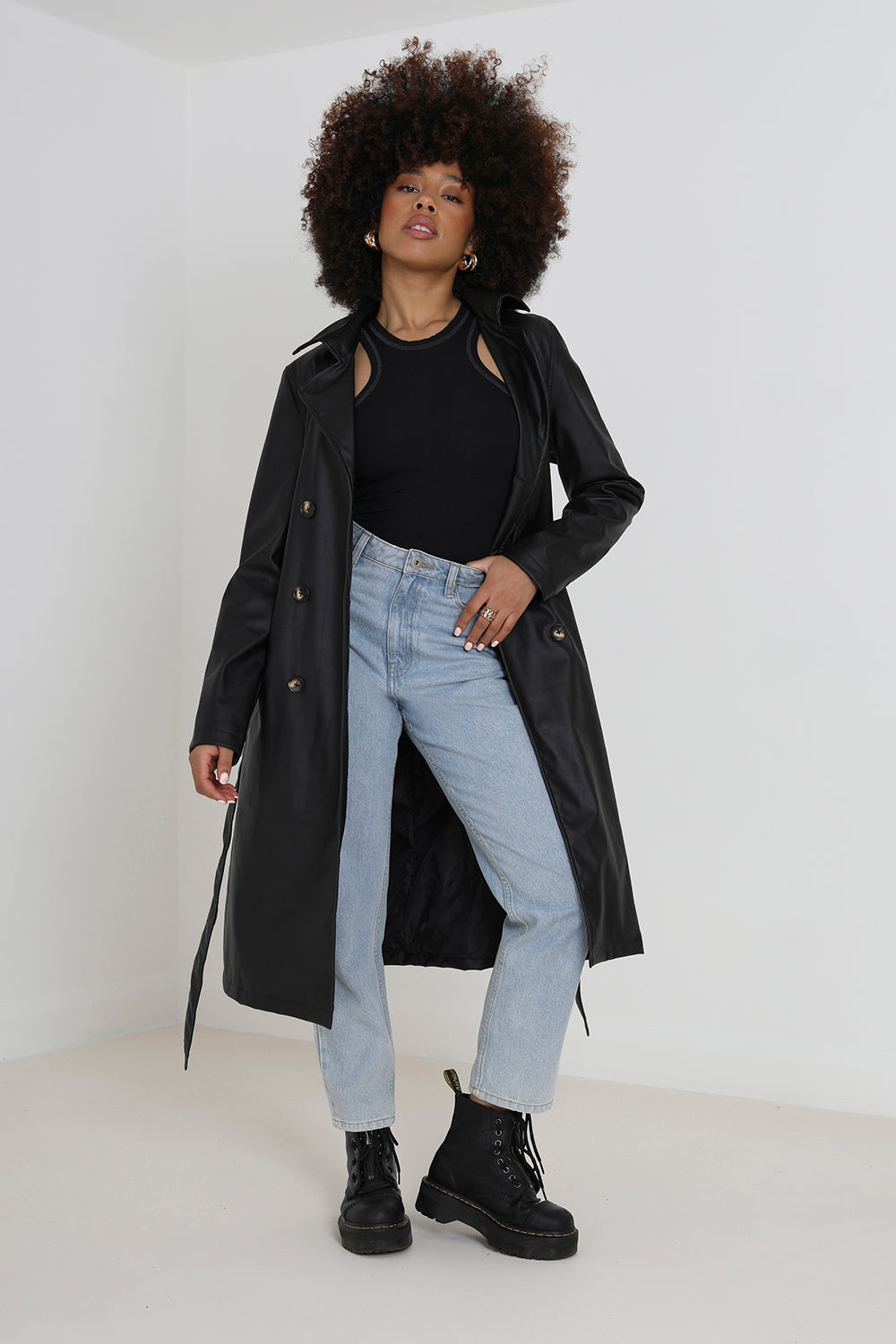 Brave Soul Black Faux Leather Double Breasted Trenchcoat - Black Image 1