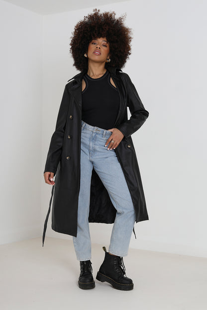 Brave Soul Black Faux Leather Double Breasted Trenchcoat - Black Image 1