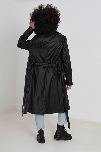 Brave Soul Black Faux Leather Double Breasted Trenchcoat - Black Image 2