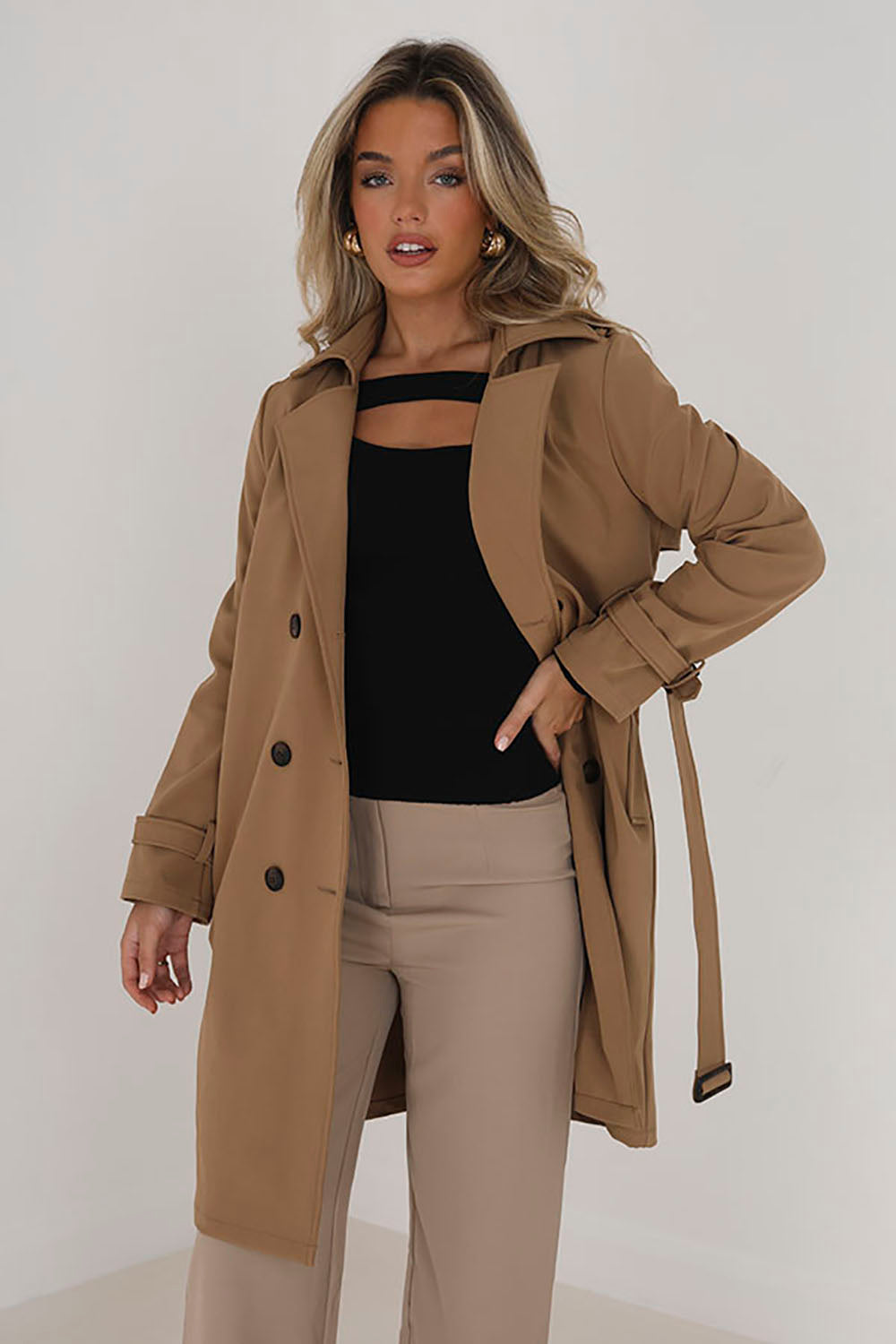 Brave Soul Stone Longline Trench Coat  - Stone Image 1