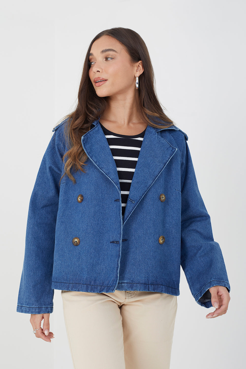 Brave Soul Mid Blue Double Breasted Short Denim Trenchcoat - Mid Blue Image 1