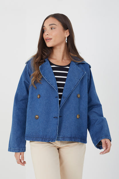 Brave Soul Mid Blue Double Breasted Short Denim Trenchcoat - Mid Blue Image 1