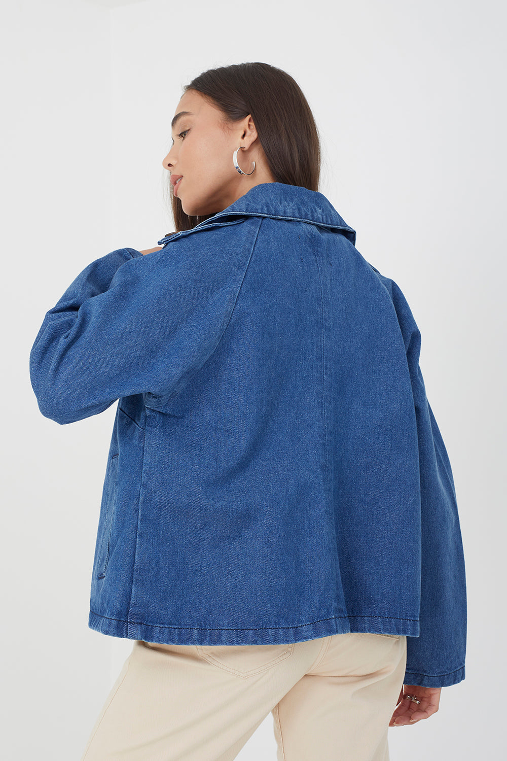 Brave Soul Mid Blue Double Breasted Short Denim Trenchcoat - Mid Blue Image 2