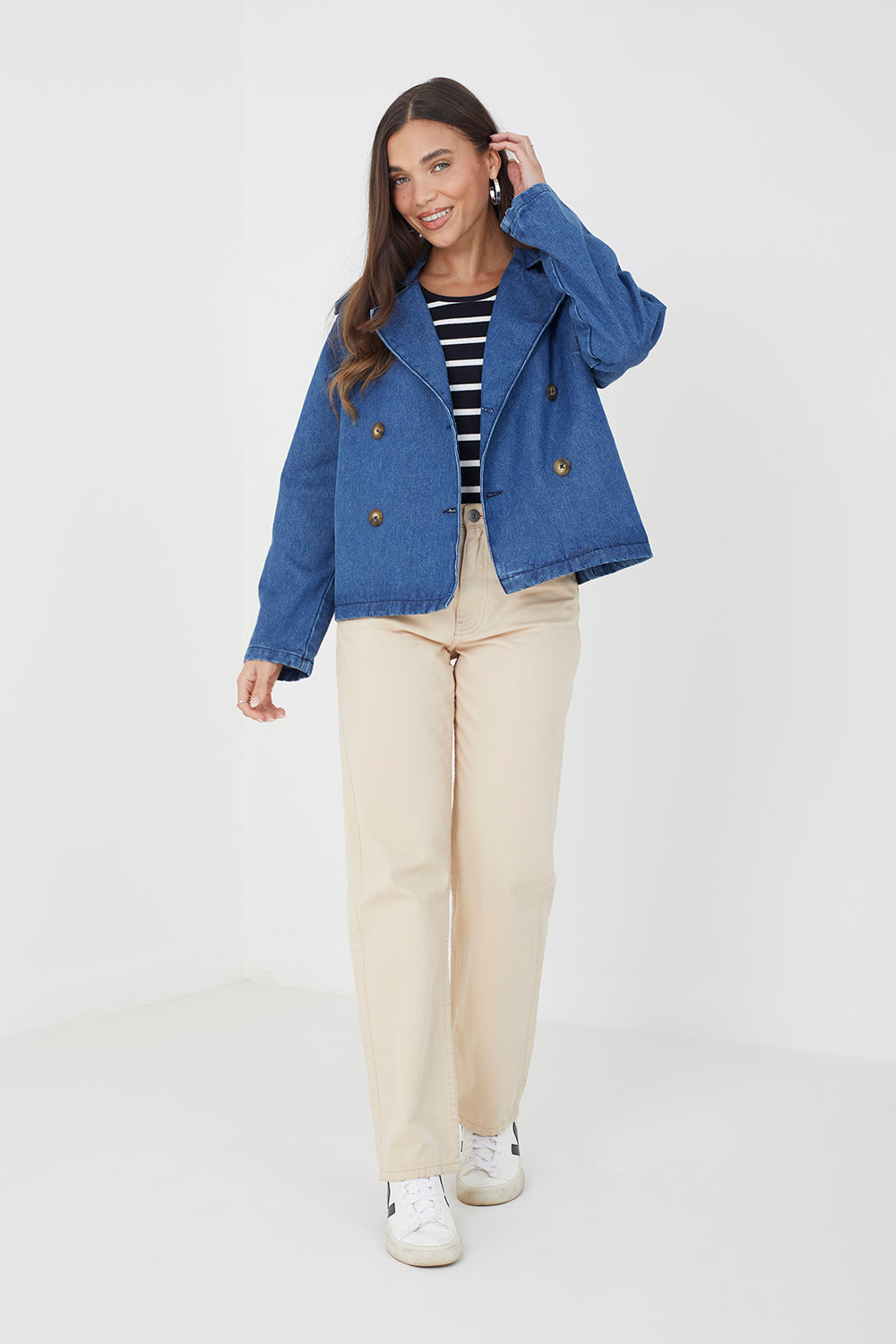 Brave Soul Mid Blue Double Breasted Short Denim Trenchcoat - Mid Blue Image 3