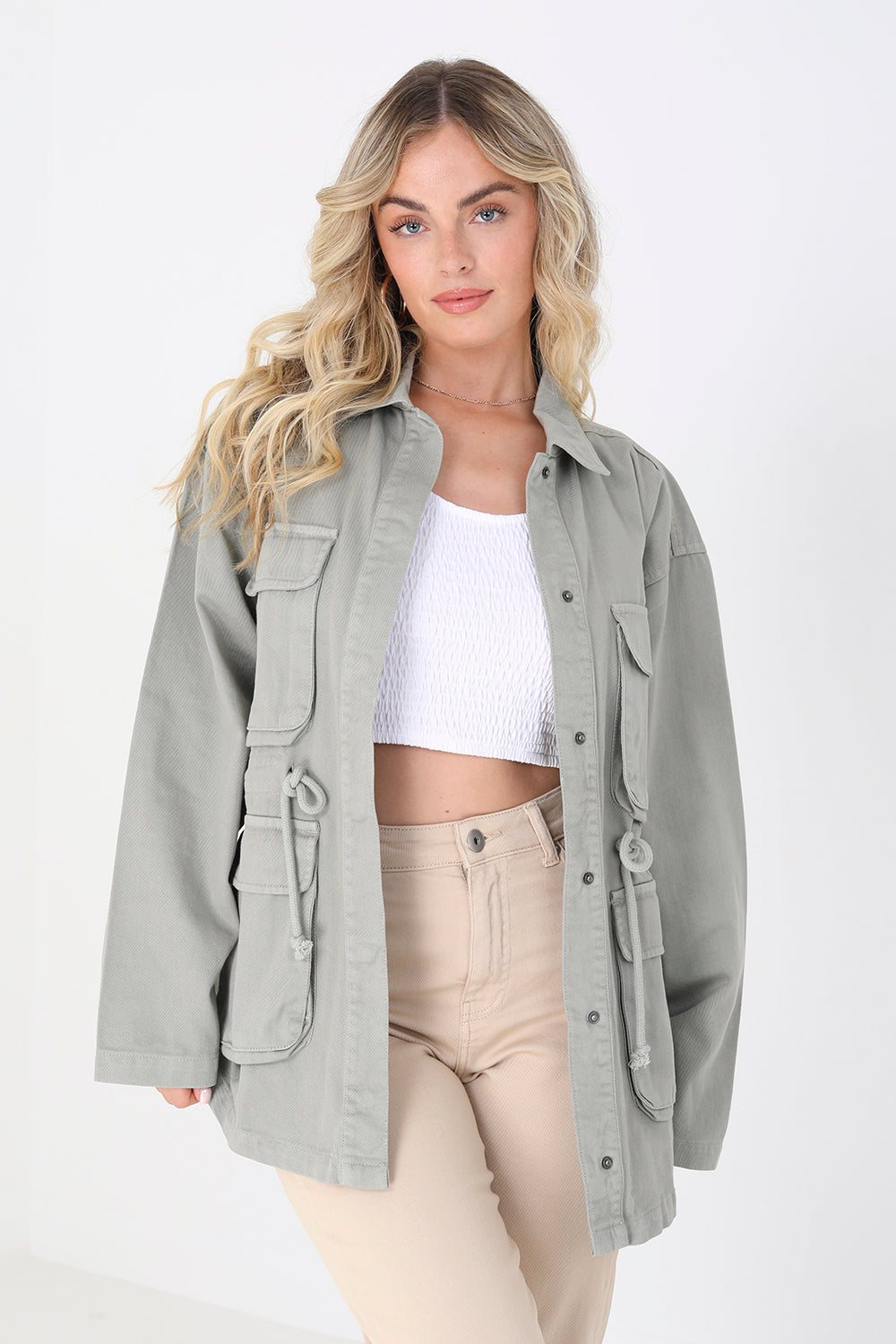 Brave Soul Light Khaki Cotton Twill Utility Jacket - Light Khaki Image 1
