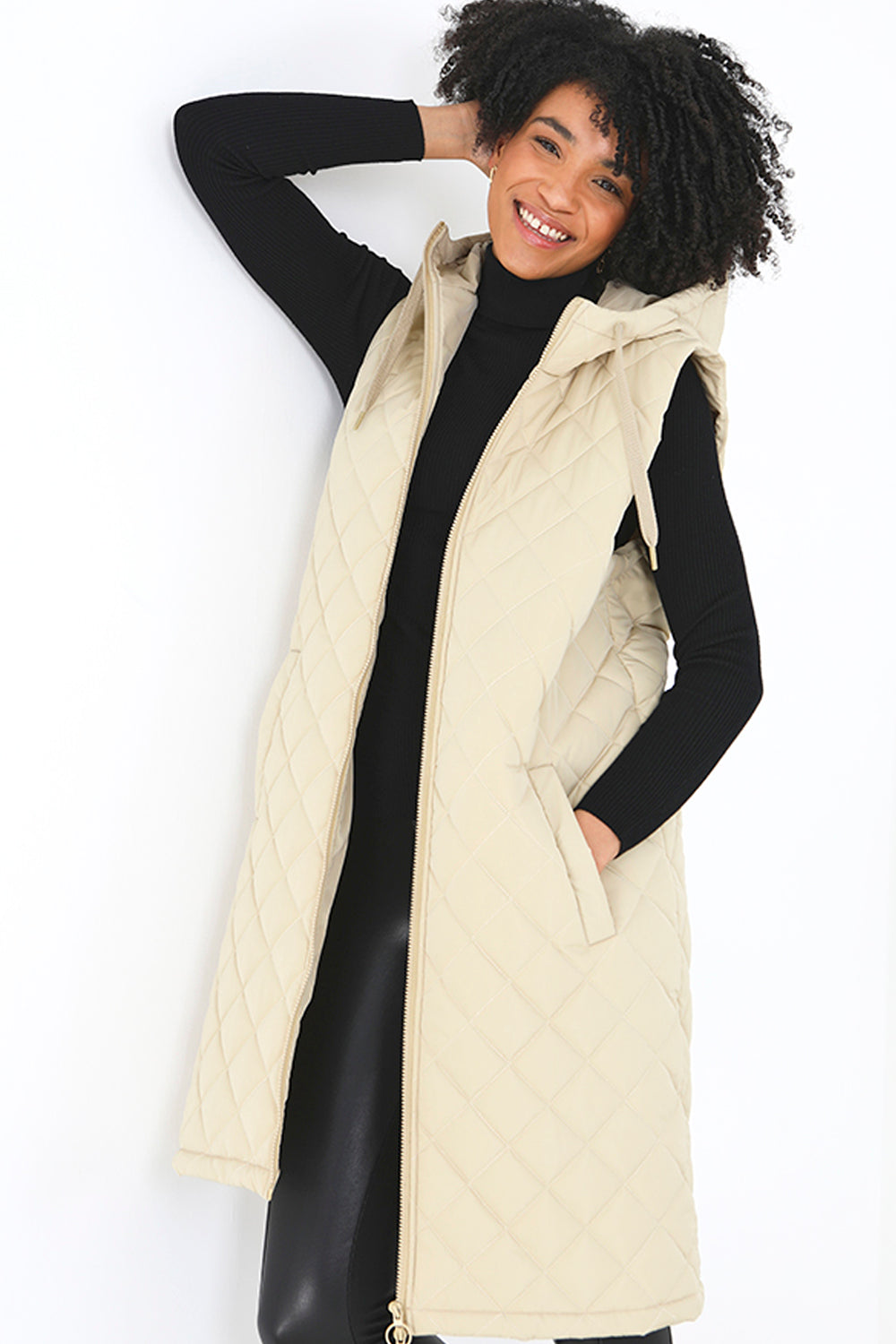 Brave Soul Stone Diamond Quilted Longline Hooded Gilet - Stone Image 1