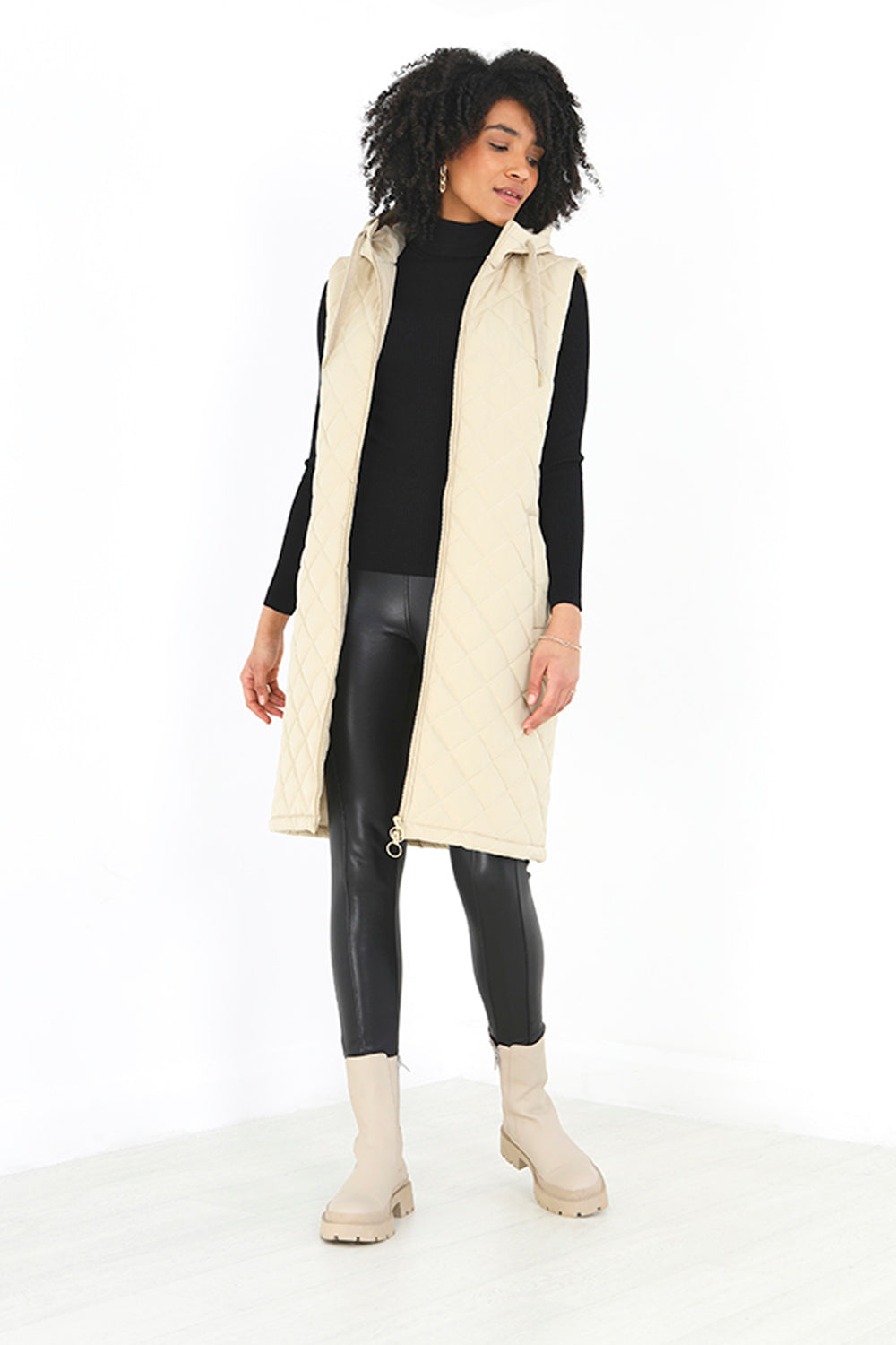 Brave Soul Stone Diamond Quilted Longline Hooded Gilet - Stone Image 2
