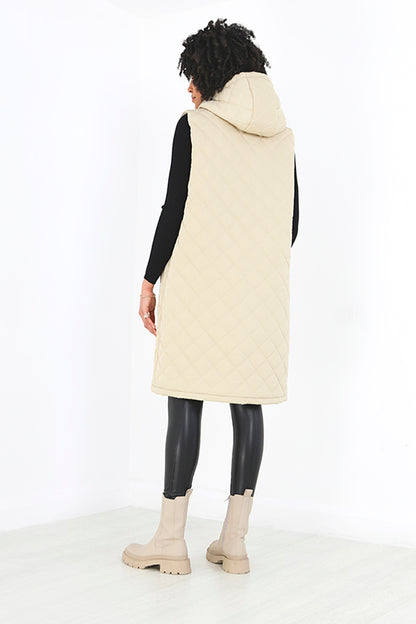 Brave Soul Stone Diamond Quilted Longline Hooded Gilet - Stone Image 3