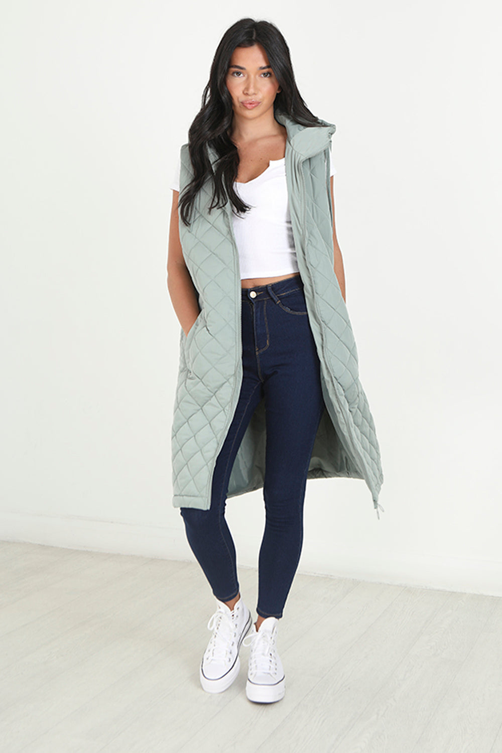 Brave Soul Light Green Diamond Quilted Longline Hooded Gilet - Light Green Image 1