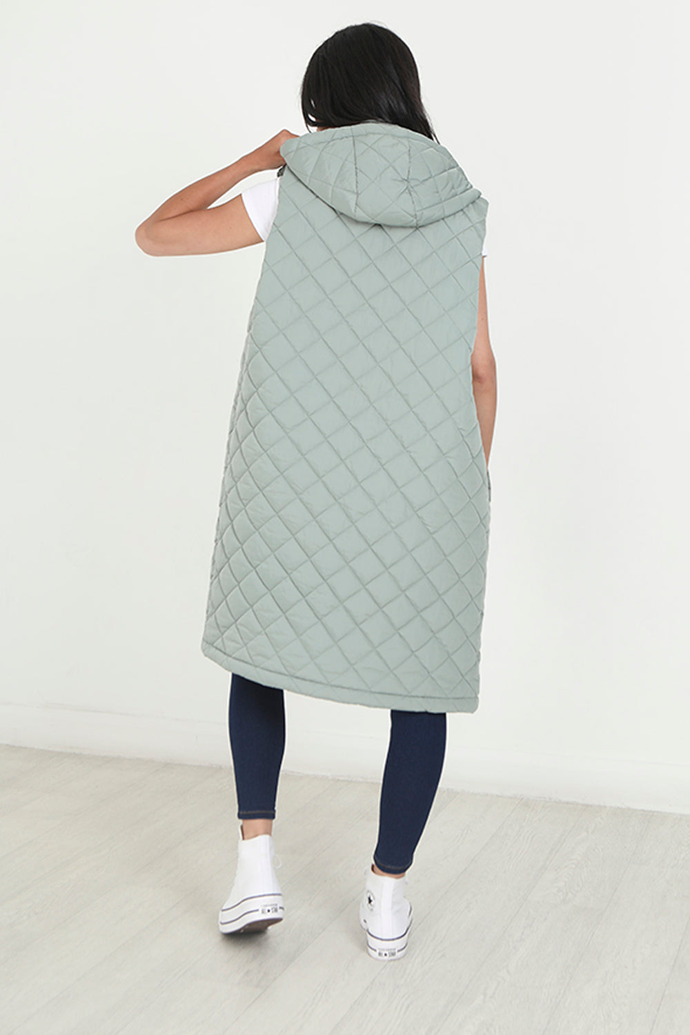 Brave Soul Light Green Diamond Quilted Longline Hooded Gilet - Light Green Image 2