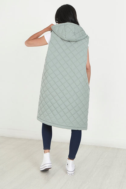 Brave Soul Light Green Diamond Quilted Longline Hooded Gilet - Light Green Image 2