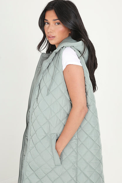 Brave Soul Light Green Diamond Quilted Longline Hooded Gilet - Light Green Image 3