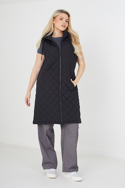 Brave Soul Black Diamond Quilted Longline Hooded Gilet - Black Image 1