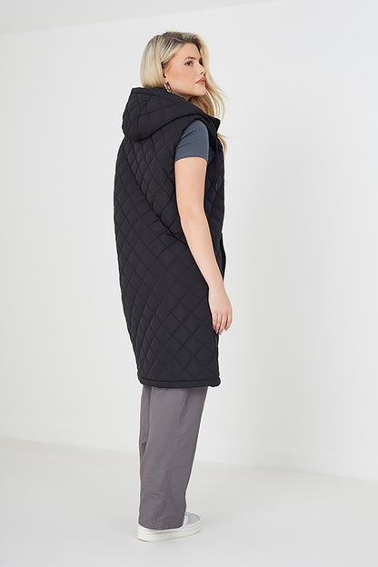 Brave Soul Black Diamond Quilted Longline Hooded Gilet - Black Image 2