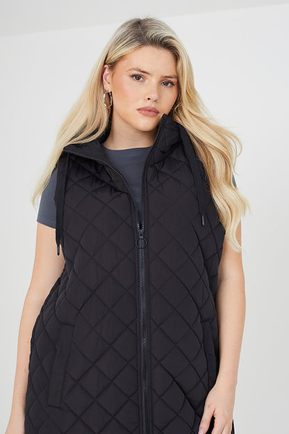 Brave Soul Black Diamond Quilted Longline Hooded Gilet - Black Image 3