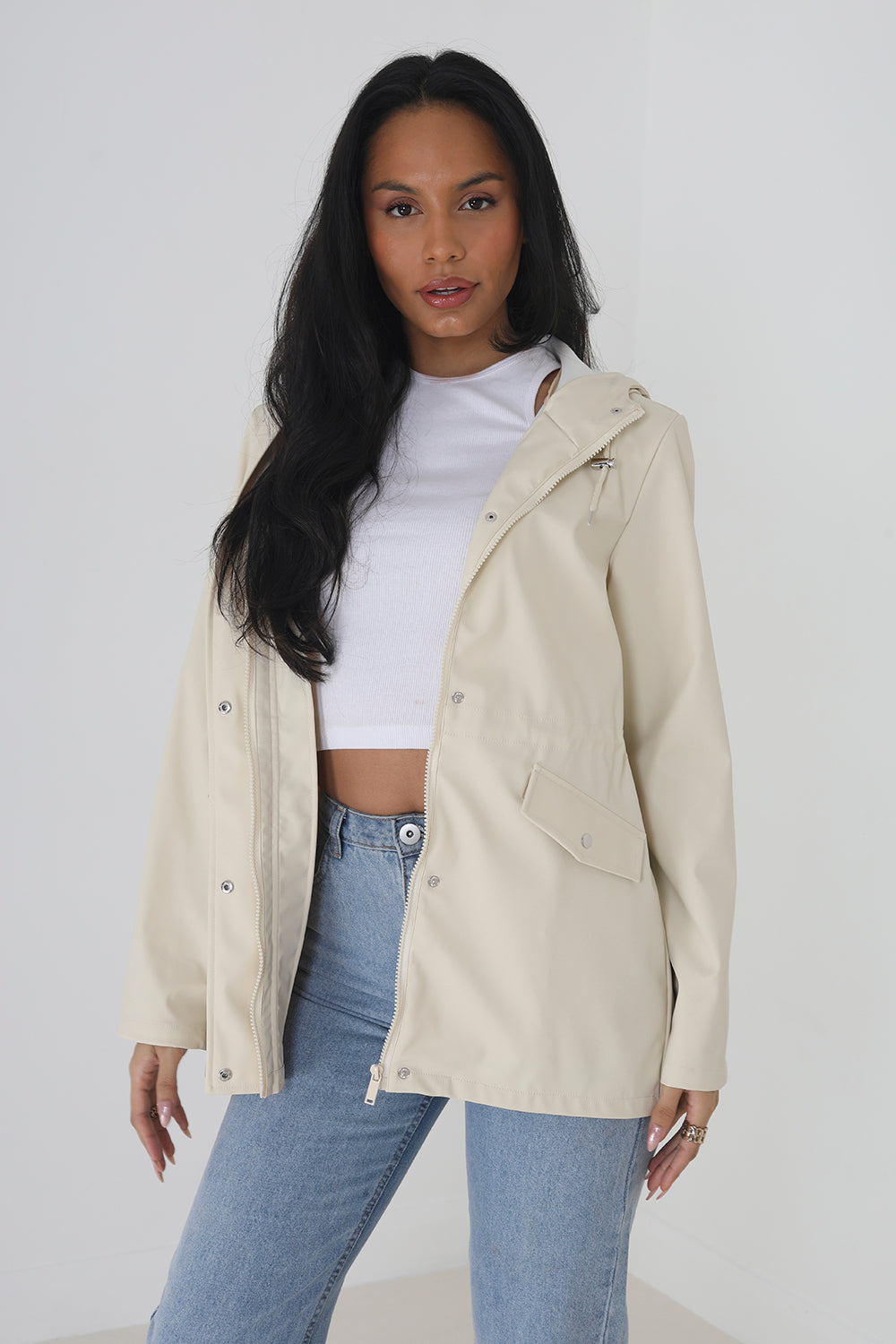Brave Soul Cream Hooded Rain Mac - Cream Image 1