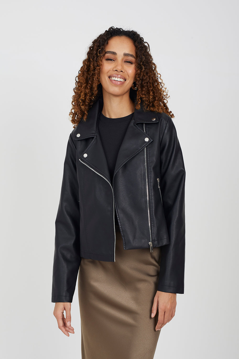 Brave Soul Black High Shine PU Biker Jacket - Black Image 1