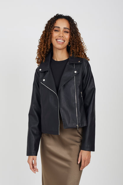 Brave Soul Black High Shine PU Biker Jacket - Black Image 1