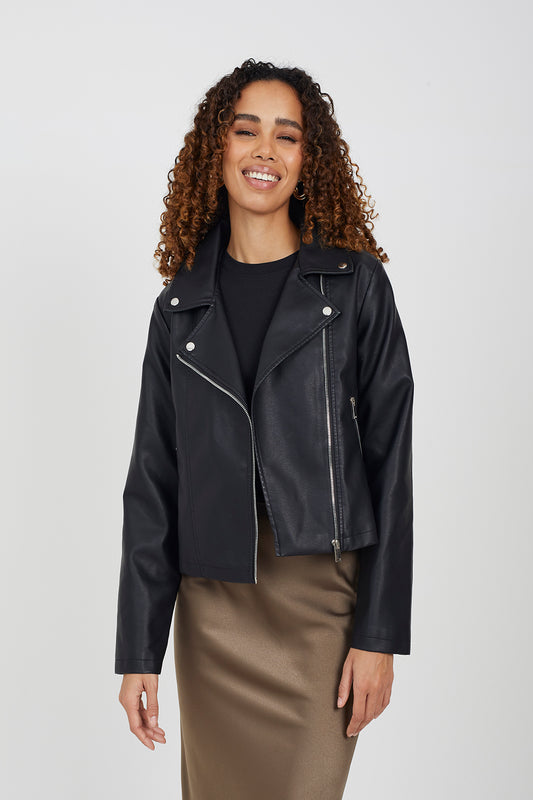 Brave Soul Black High Shine PU Biker Jacket - Black Image 1