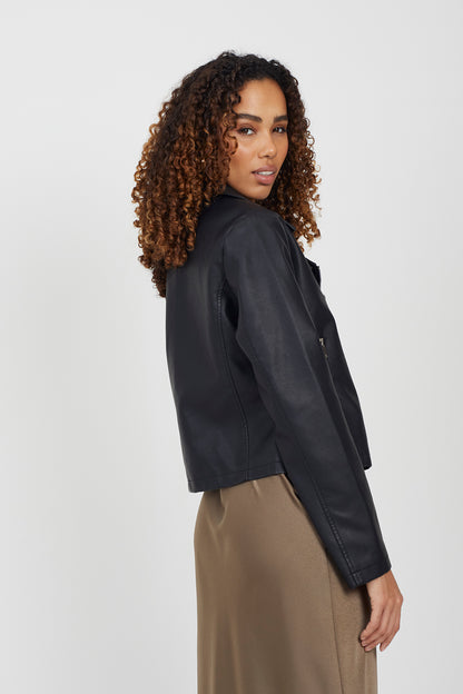 Brave Soul Black High Shine PU Biker Jacket - Black Image 2
