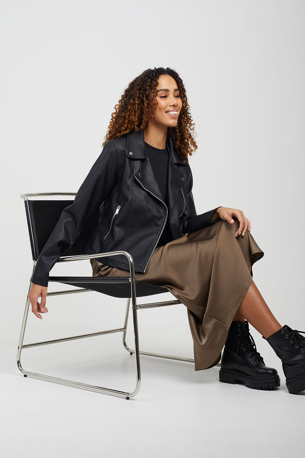 Brave Soul Black High Shine PU Biker Jacket - Black Image 3