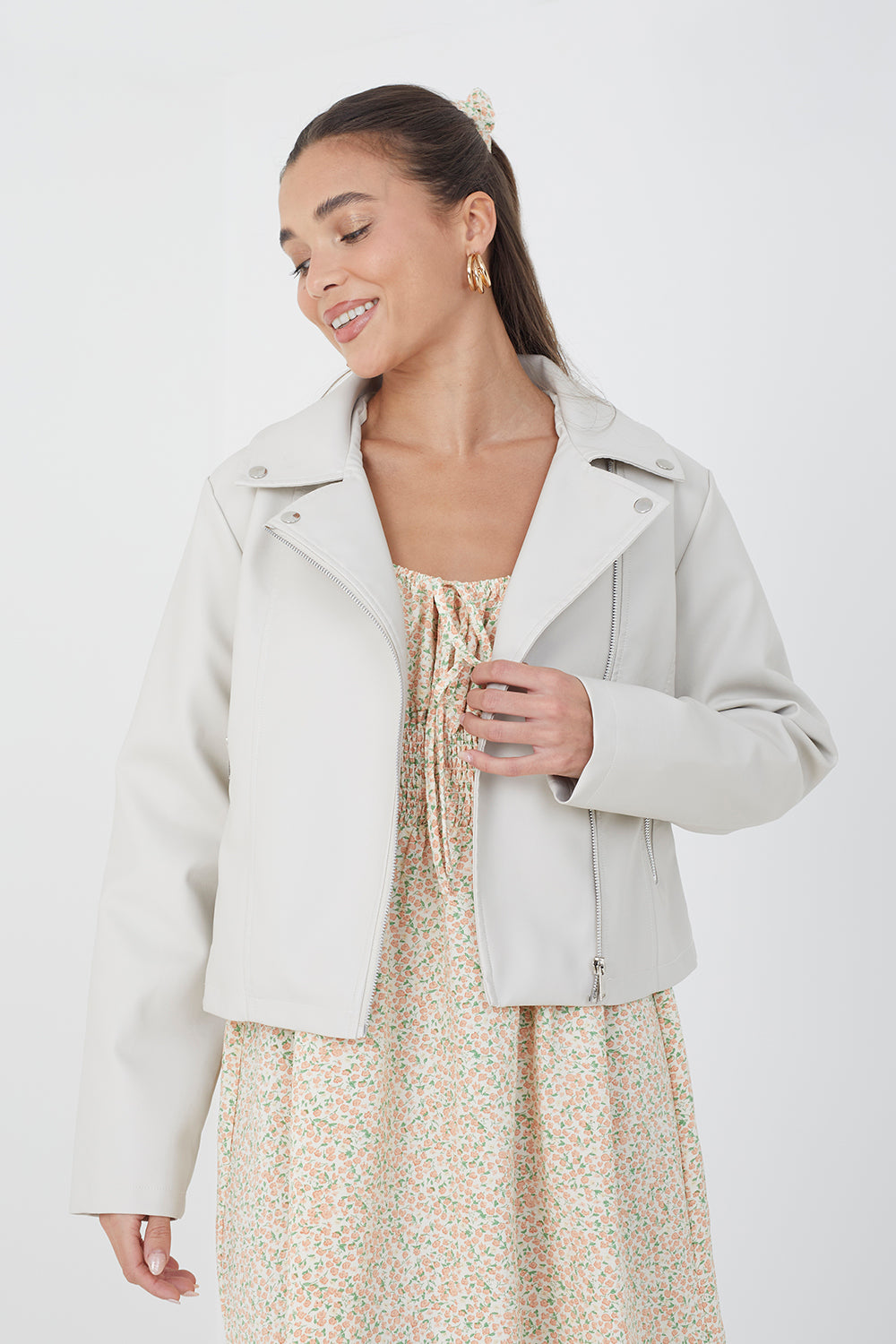 Brave Soul Stone High Shine PU Biker Jacket - Stone Image 1