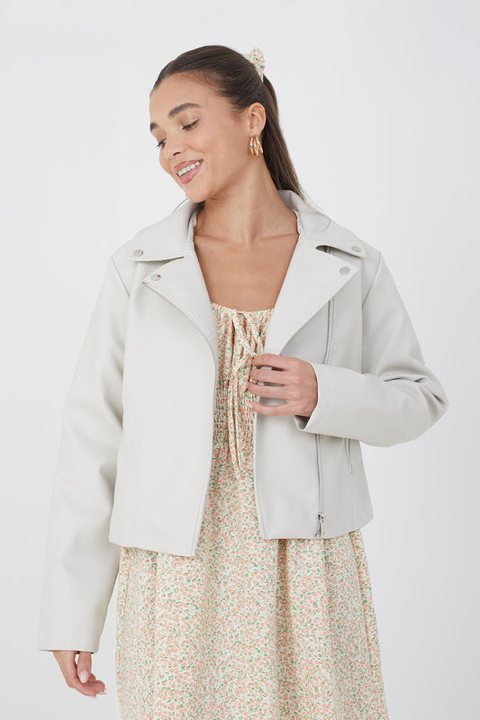 Brave Soul Stone High Shine PU Biker Jacket - Stone Image 1