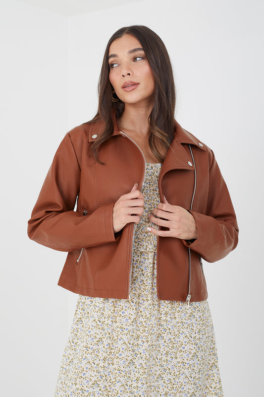 Brave Soul Tan High Shine PU Biker Jacket - Tan Image 1