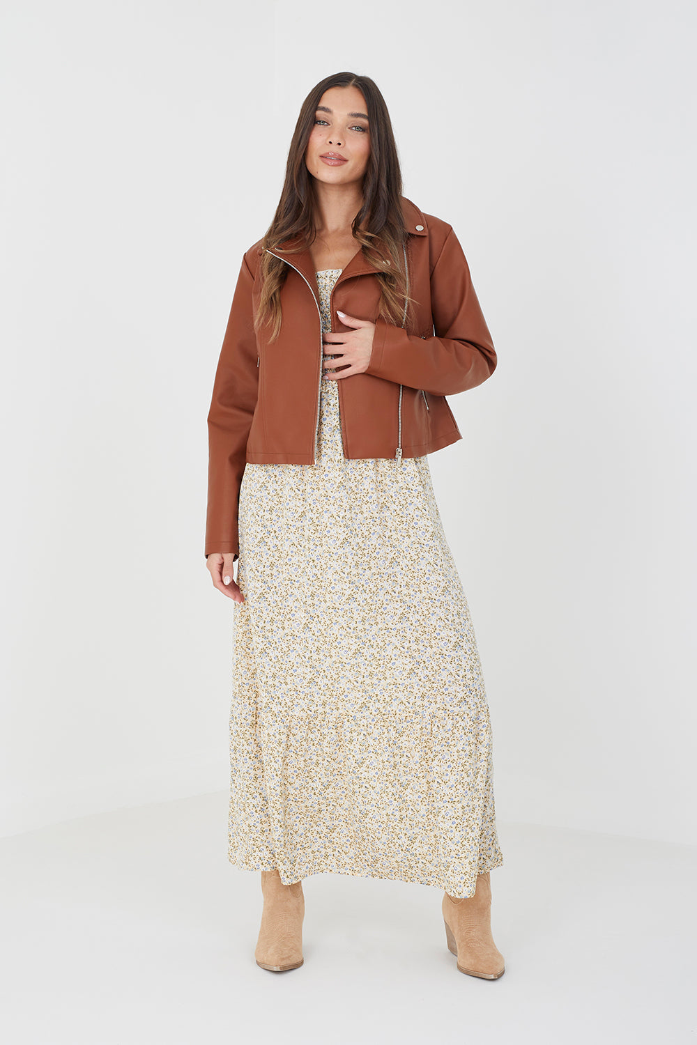 Brave Soul Tan High Shine PU Biker Jacket - Tan Image 3