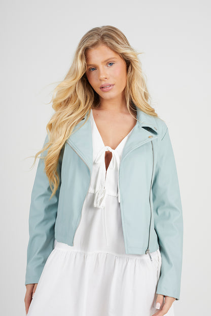 Brave Soul Pale Green Faux Leather PU Biker Jacket - Pale Green Image 1