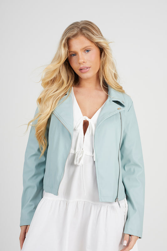 Brave Soul Pale Green Faux Leather PU Biker Jacket - Pale Green Image 1