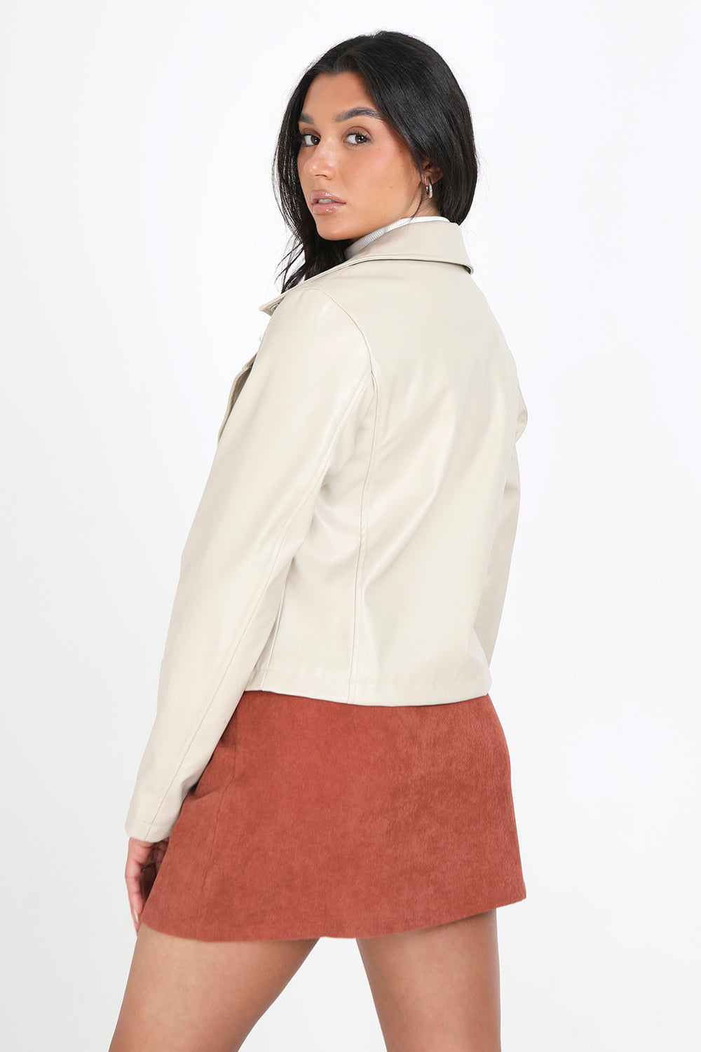 Brave Soul Stone Faux Leather PU Biker Jacket - Stone Image 2