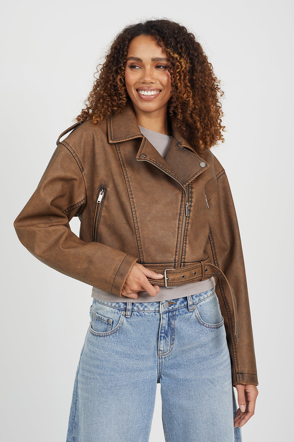 Brave Soul Brown Faux Leather Cropped Biker Jacket - Brown Image 1