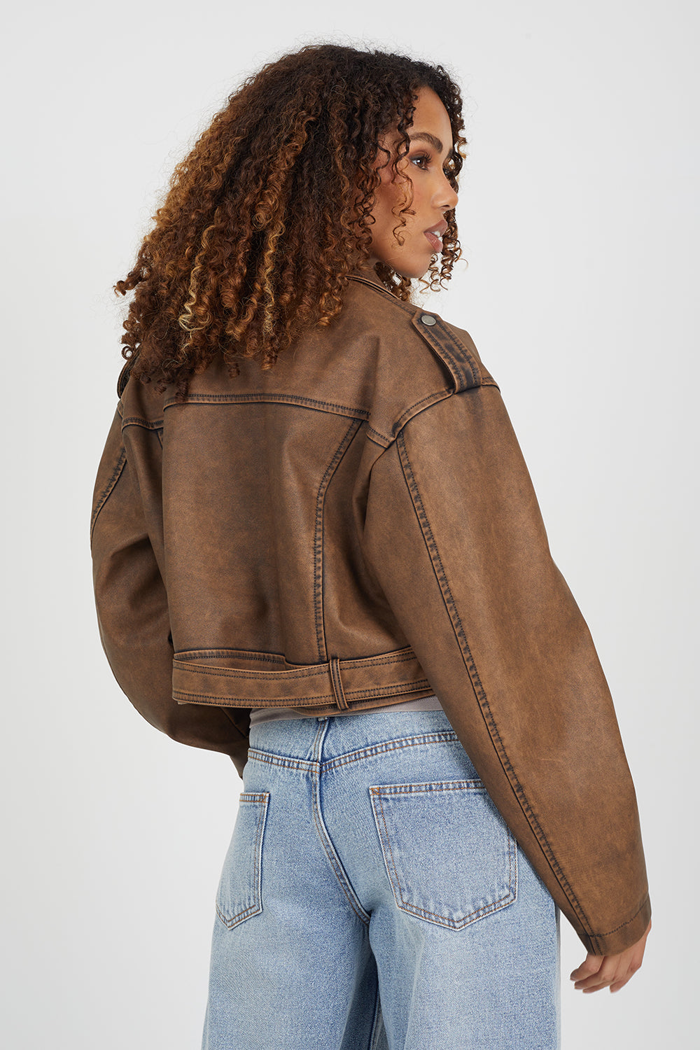 Brave Soul Brown Faux Leather Cropped Biker Jacket - Brown Image 2