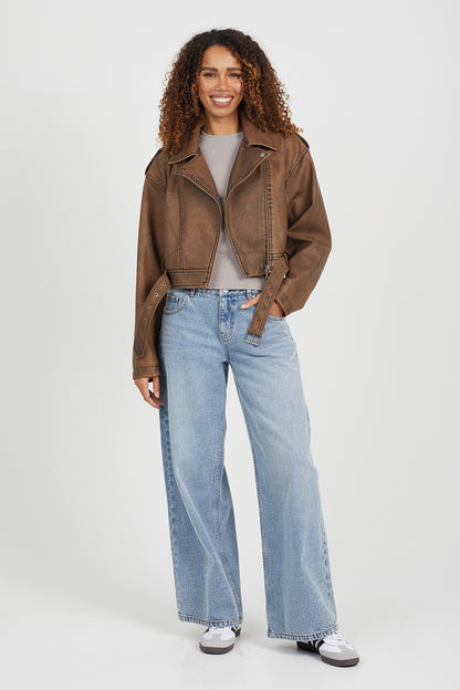 Brave Soul Brown Faux Leather Cropped Biker Jacket - Brown Image 3
