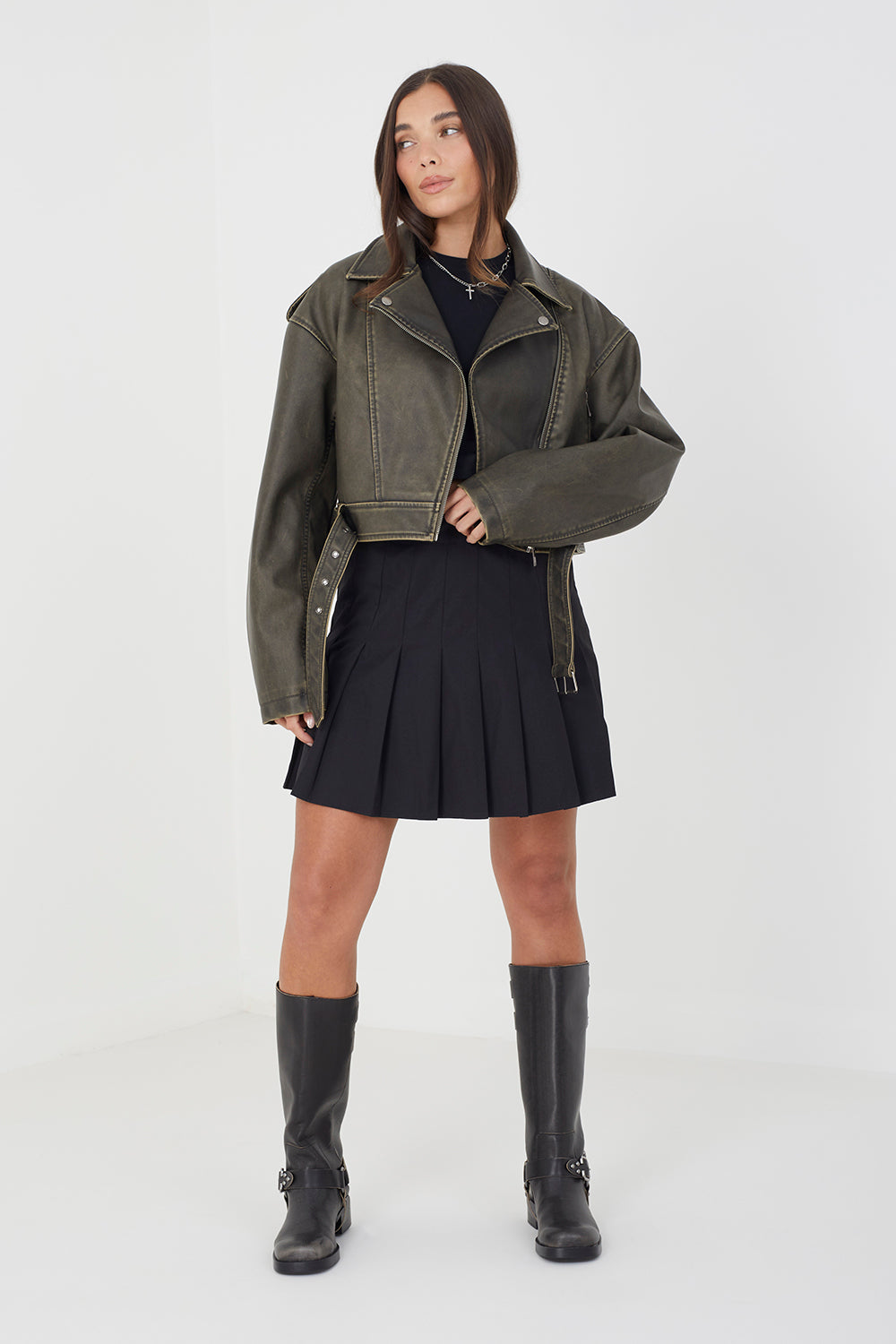 Brave Soul Khaki Faux Leather Cropped Biker Jacket - Khaki Image 1