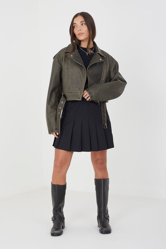 Brave Soul Khaki Faux Leather Cropped Biker Jacket - Khaki Image 1