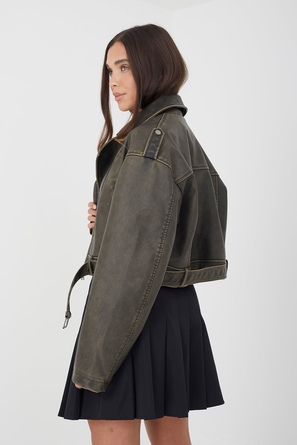 Brave Soul Khaki Faux Leather Cropped Biker Jacket - Khaki Image 2